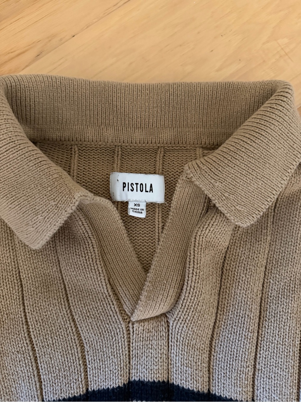 Pistola tan and Black Striped V-Neck Collared Sweater- excellent used condition - Picture 6 of 7